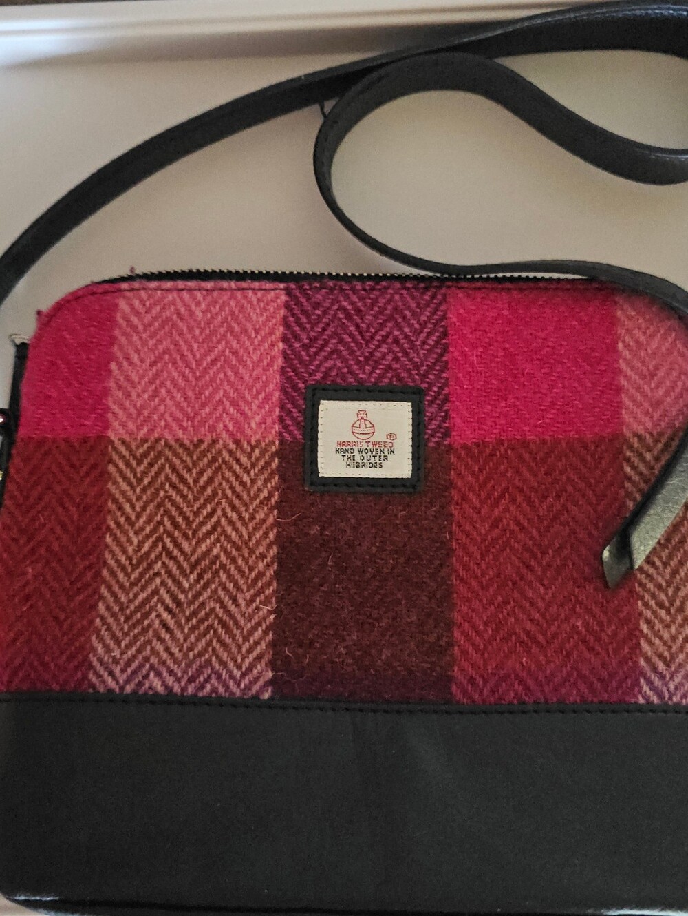 Harris Tweed Pink & Red Plaid Shoukder Bag with Black Trim